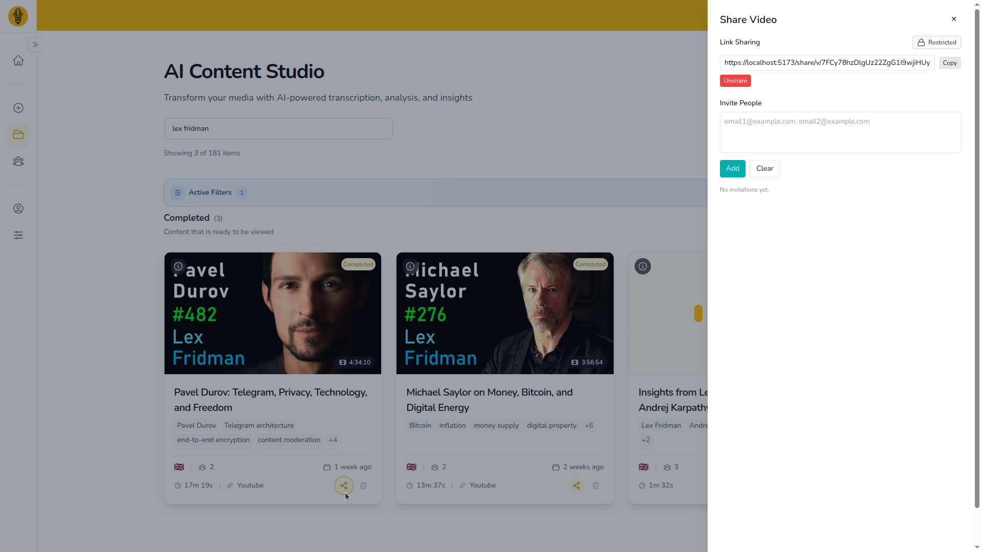 Search interface showing content library with instant search results across all processed files
